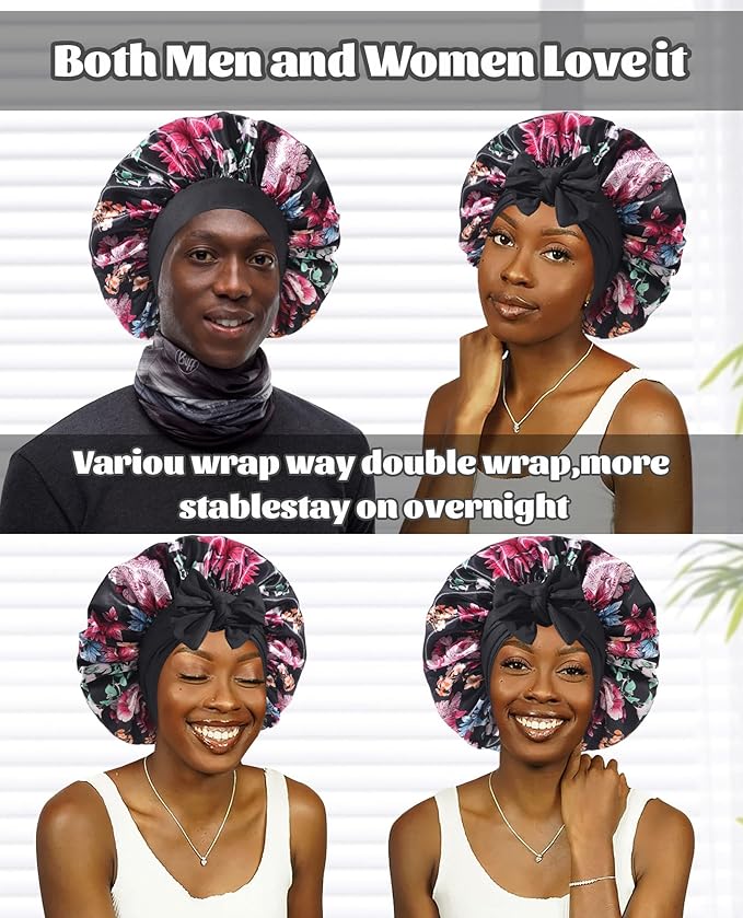 Satin Bonnet Silk Bonnet for Sleeping Silk Sleep Cap Double Layer Hair Bonnet with Elastic Tie Band for Curly Hair Night Cap(Black(Flower))