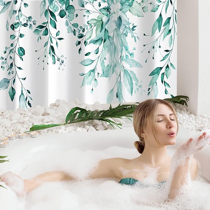 Gibelle Extra Long Shower Curtain 72 x 84, Teal Floral Shower Curtain for Bathroom, Watercolor Plant Eucalyptus Leaves Fabric Shower Curtain Set with Hooks