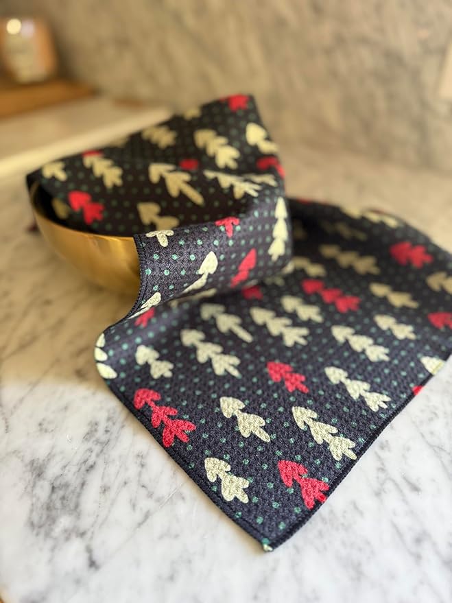 || 3 Pack|| Double Sided Dish Towels || Waffle Weave Microfiber || Tea Towels || Highly Absorbent || Hanging Loop || Dish Cloths || Modern || Designer Prints (Christmas Black)