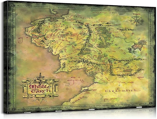 Middle Earth Map Wall Art Canvas Print - Fantasy Map of Middle Earth - 16''H x 24''W with Inner Wooden Frame - Lightweight & Easy to Hang - Perfect for Bedroom, Game Room Decor