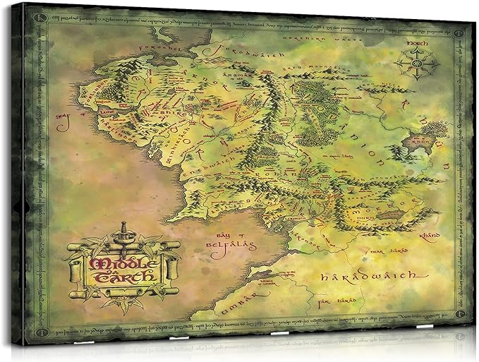 Middle Earth Map Wall Art Canvas Print - Fantasy Map of Middle Earth - 12''H x 18''W with Inner Wooden Frame - Lightweight & Easy to Hang - Perfect for Bedroom, Game Room Decor