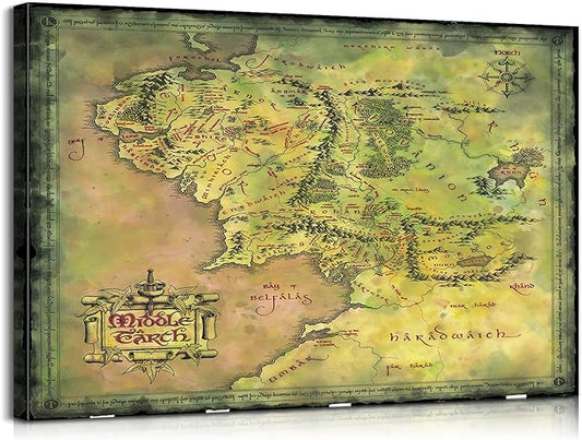 Middle Earth Map Wall Art Canvas Print - Fantasy Map of Middle Earth - 12''H x 18''W with Inner Wooden Frame - Lightweight & Easy to Hang - Perfect for Bedroom, Game Room Decor
