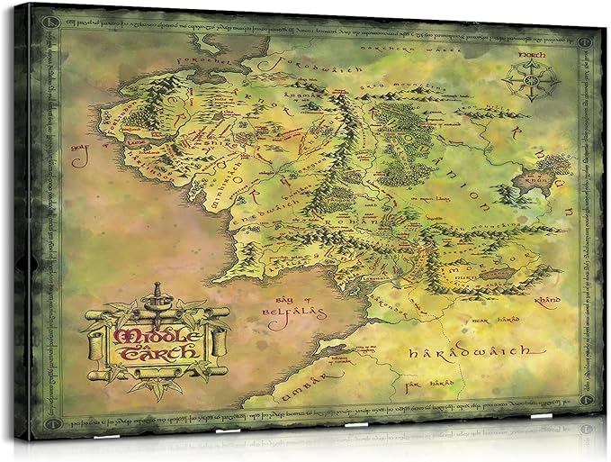 Middle Earth Map Wall Art Canvas Print - Fantasy Map of Middle Earth - 28''H x 40''W with Inner Wooden Frame - Lightweight & Easy to Hang - Perfect for Living Room, Game Room Decor