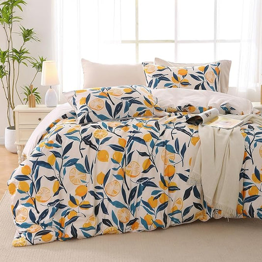 MUXHOMO Duvet Cover Queen Size, Reversible Floral Vintage Duvet Cover Set with Zipper Closure, 3 Pieces Botanical Patterns Soft Microfiber Bedding Set (90"x90", 2 Pillow Cases, Lemon Flower Green)