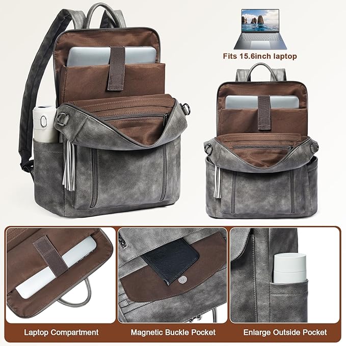 Shrrie Laptop Backpack for Women 15.6 inch,Travel Leather Backpack Purse Nurse Teacher Carry on Backpack Computer Bag,Professional Water-Resistant College Business Work Casual Daypack,Deep Gray