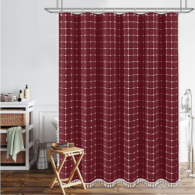 BTTN Boho Farmhouse Shower Curtain, Linen Rustic Heavy Duty Fabric Shower Curtain Set with Tassel, Water Repellent, Bohemian Vintage Country Thick Cloth Shower Curtains for Bathroom - Burgundy - 72x72