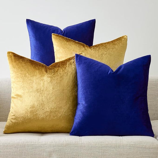 GIGIZAZA Gold Blue Pillow Covers 20x20 Set of 4,Velvet Luxury Couch Throw Pillow Soft Covers Decorative Modern Square Pillows Living Room Vintage Cushion Covers