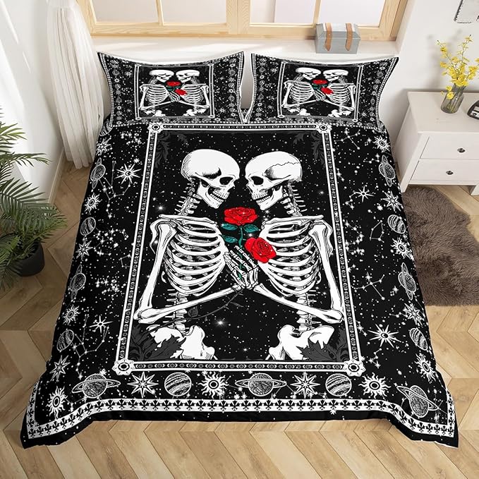 Skull Bed Set for Boys Girls,Kissing Lovers Skeleton Sugar Skull Comforter Cover for All Season,Starry Galaxy Constellation Ultra Soft Bedding Set Quilt Cover Queen Size 3 Pieces