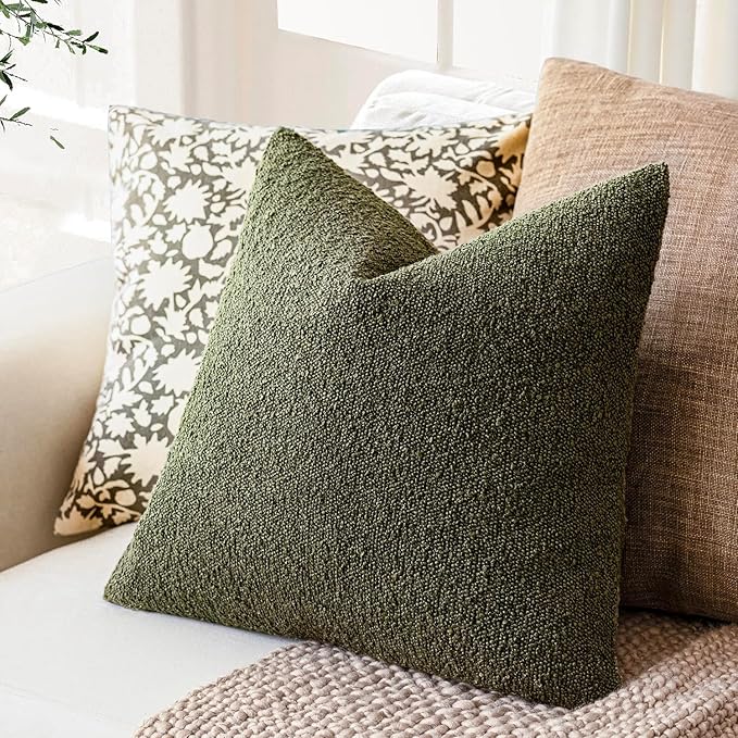 Foindtower Pack of 2 Textured Boucle Throw Pillow Covers Accent Solid Pillow Cases Cozy Soft Decorative Couch Cushion Case for Chair Sofa Bedroom Living Room Home Decor 18x18 Inch Moss Green