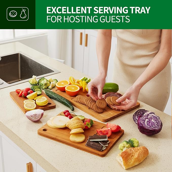 Bamboo cutting boards for home and kitchen,chopping board with juice groove,hanging hole and handles,for charcuterie,meat,bread,cheese,fruit and vegetables,carbonized bamboo, Set of 3(S+M+L)