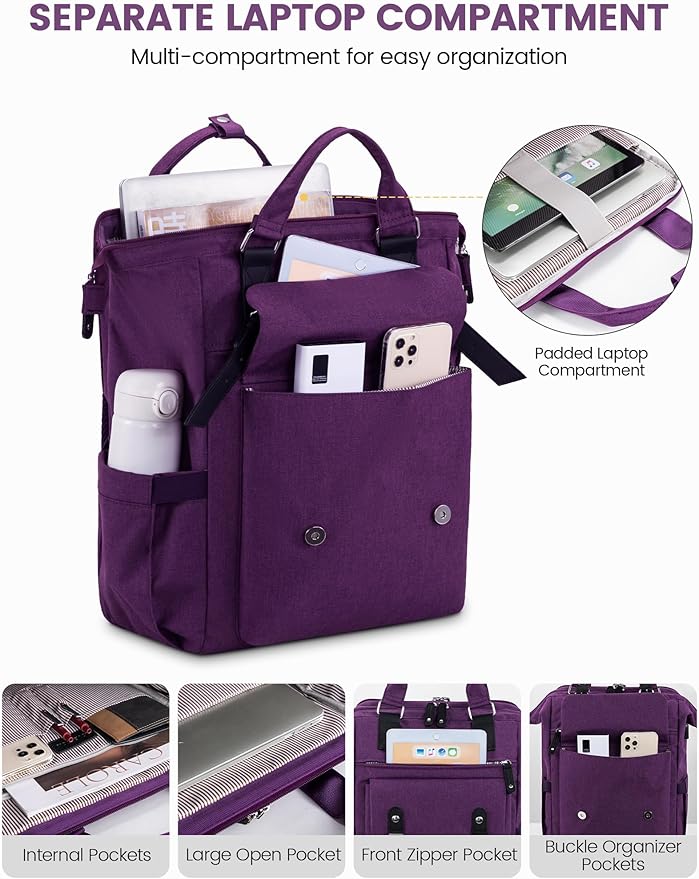 LOVEVOOK Laptop Backpack for Women, Nurse Bag Teacher Work Backpack Purse, Water Resistant Travel Backpack with Separate Laptop Compartment, College Back pack, 15.6 Inch - Purple, Upgraded