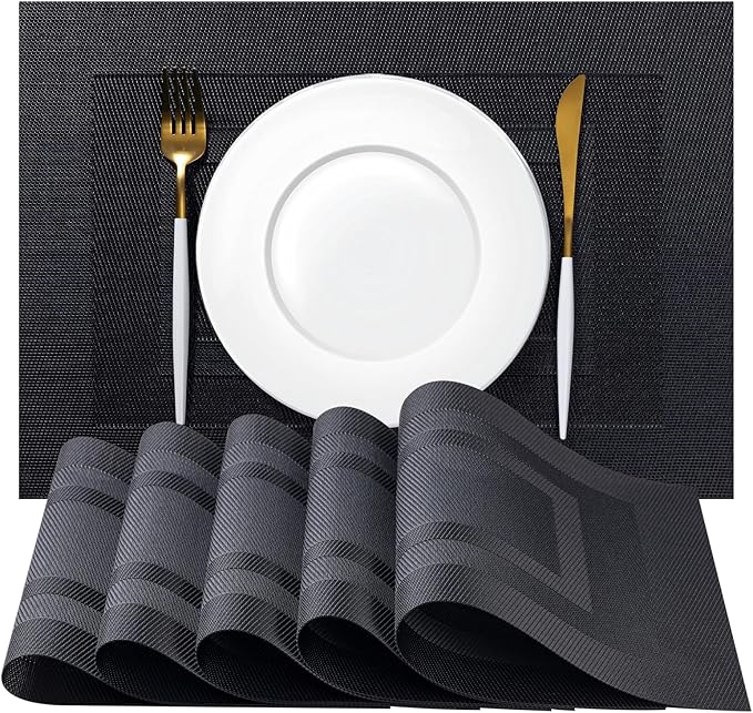 Placemats Set of 6 - Easy Clean Woven Vinyl Placemats for Dining Table, Indoor/Outdoor Place Mats, Washable PVC Table Mats（Black Cube）