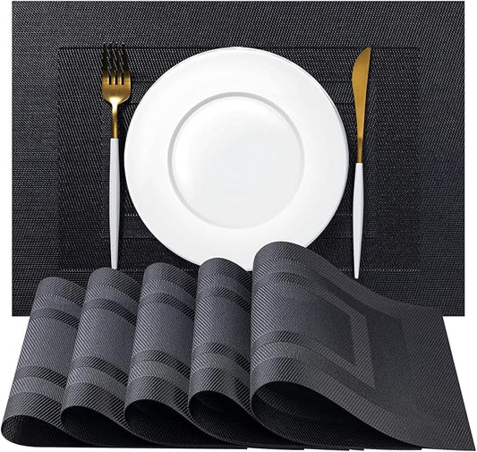 Placemats Set of 6 - Easy Clean Woven Vinyl Placemats for Dining Table, Indoor/Outdoor Place Mats, Washable PVC Table Mats（Black Cube）