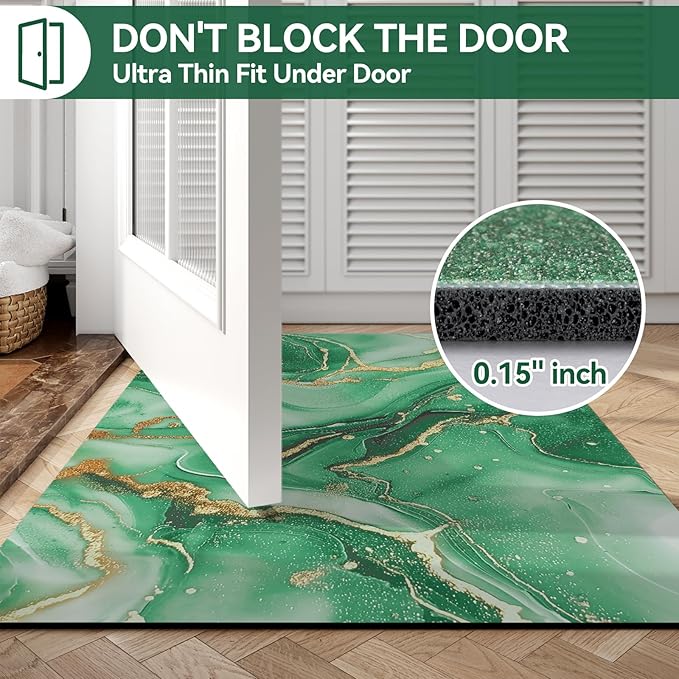 Non Slip Bath Mat Ultra Thin Bathroom Rug Fit Under Door, Rubber Backing Quick Dry Super Absorbent Washable Shower Bath Mats Green 24x36