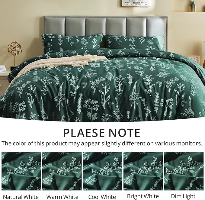 MUXHOMO Duvet Cover King Size, Reversible Floral Forest Green Duvet Cover Set with Zipper Closure, 3 Pieces Botanical Patterns Soft Microfiber Bedding Set with 4 Ties (90"x104", 2 Pillow Cases)