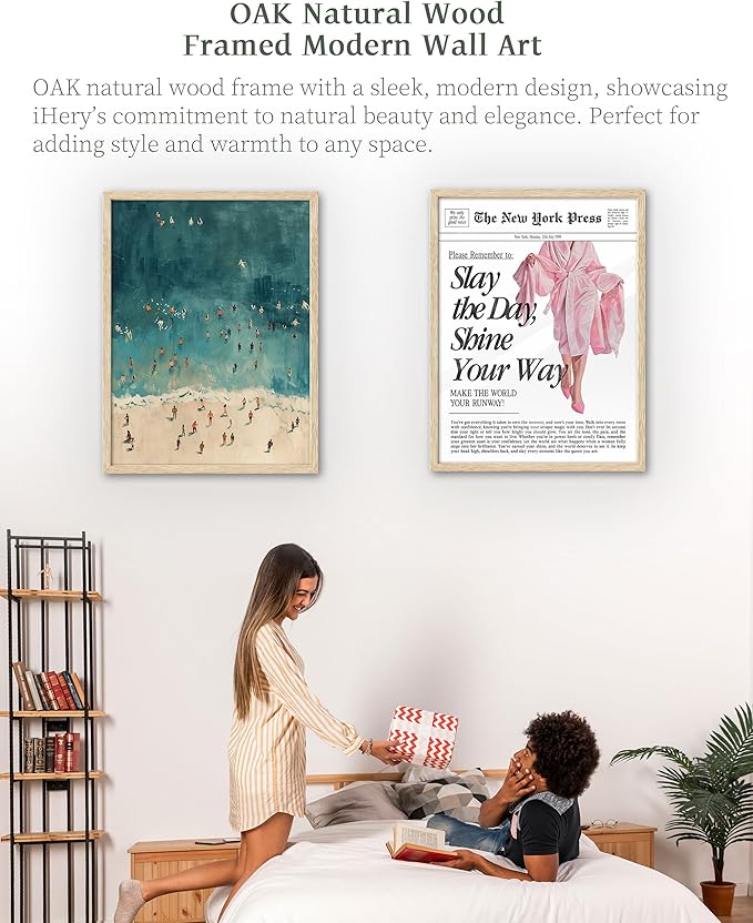 iHery Natural OAK Wood Framed Wall Art, 12x16 in Fashion Summer Tiny People Swimming In Ocean Canvas Wall Decor, Beige Minimalist Beach Bedroom Decor, Set of 1 For Bathroom Living Room