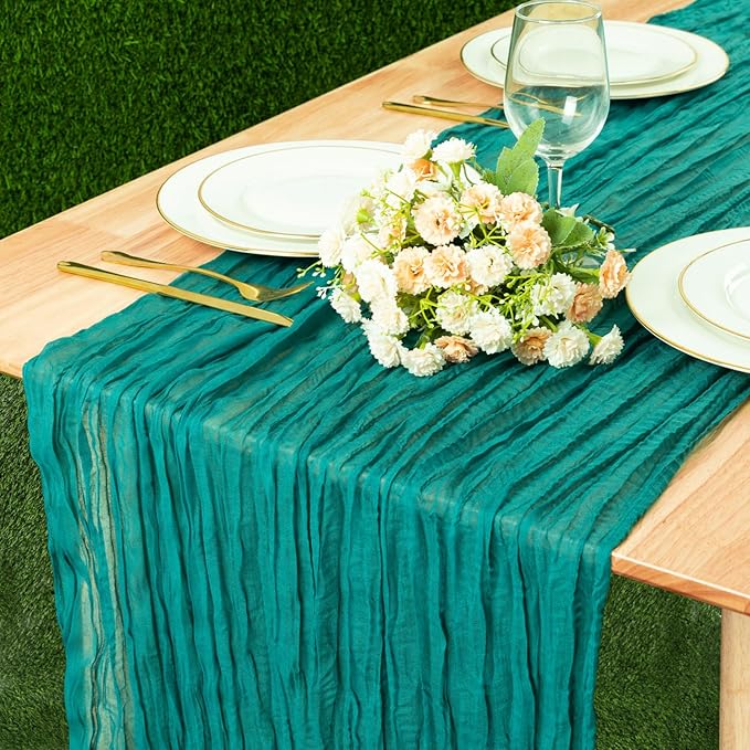 Cheesecloth Table Runner 13.3FT Long Boho Table Runner Rustic Gauze Wedding Dining Table Decorations for Wedding,Bridal Shower,Baby Shower,Bithday Party Table Decorations (Teal,35x160 Inch)