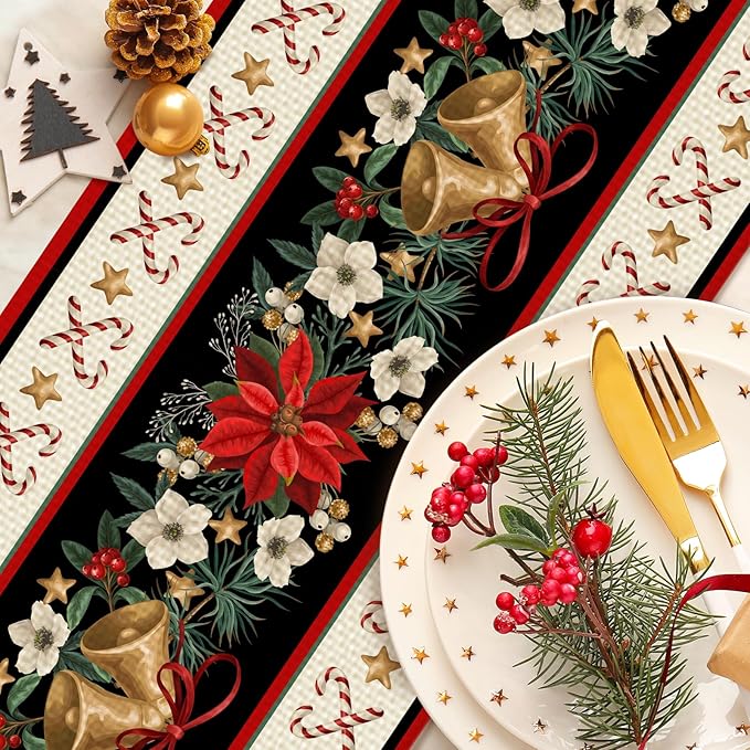 Christmas Bells Table Runner Burlap Kitchen Dining Linen Table Decoration for Indoor Outdoor Home Party Dinner 13x72 Inch