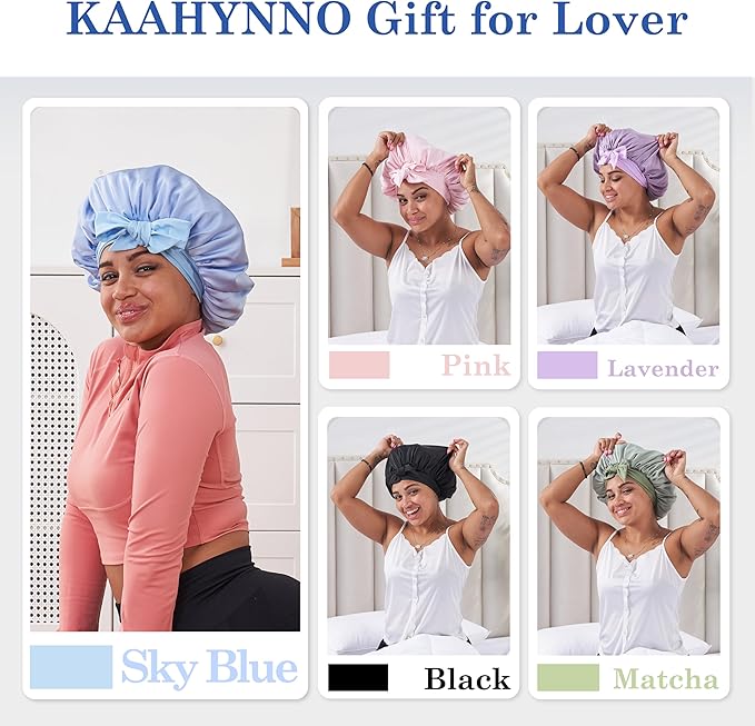 Silk Satin Bonnet Hair Wrap for Sleeping Women, Adjustable Tie Band Double Layer Sleep Night Head Cover for Curly Braid Fine