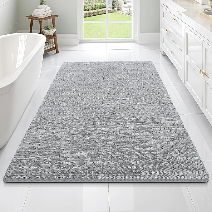 OLANLY Bathroom Rugs 70x46, Extra Soft Absorbent Chenille Bath Rugs, Rubber Backing Quick Dry, Machine Washable Bath Mats for Bathroom Floor, Tub and Shower, Home Decor Accessories, Light Grey