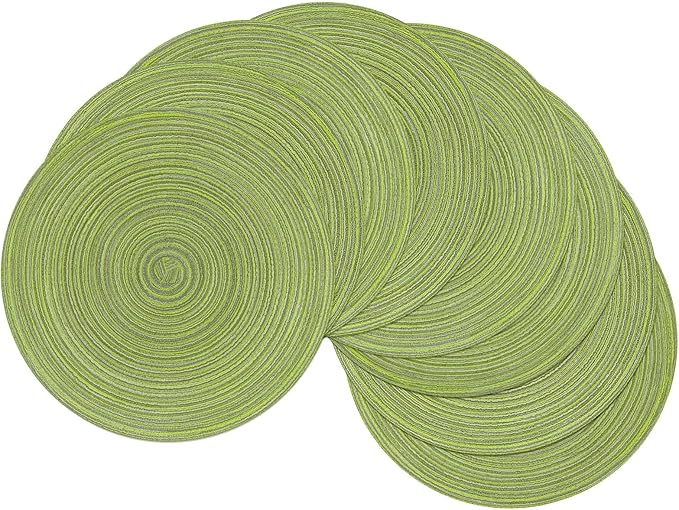SHACOS Round Placemats Set of 8 Washable 15 inch Round Table Mats Braided Non Slip Fabric Place Mats for Dining Table Indoor (Pea Green, 8)
