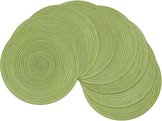 SHACOS Round Placemats Set of 8 Washable 15 inch Round Table Mats Braided Non Slip Fabric Place Mats for Dining Table Indoor (Pea Green, 8)