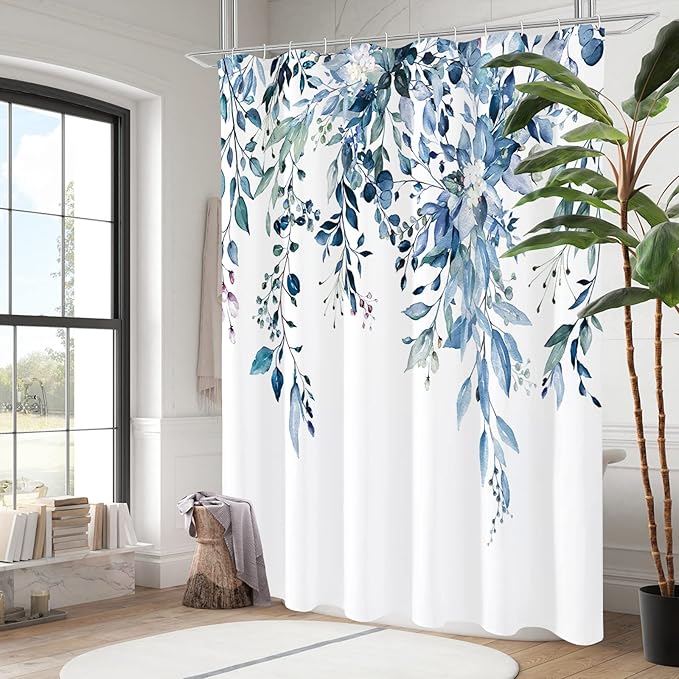 Gibelle Blue Eucalyptus Shower Curtain, Watercolor Plant Leaves with Floral Bathroom Shower Curtain Set with Hooks, 72x72