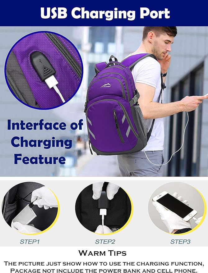 Backpack Bookbag for College Laptop Travel, Fit Laptop Up to 15.6 inch with USB Charging Port Multi Compartment Anti theft, Gift for Women Men (Purple)