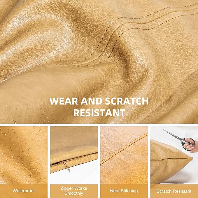 Faux Leather Throw Pillow Cover 16X16 Inch Set of 2 Brown Outdoor Modern Farmhouse Solid Decorative Pillow Covers for Room Couch Living Bedroom Bed Sofa