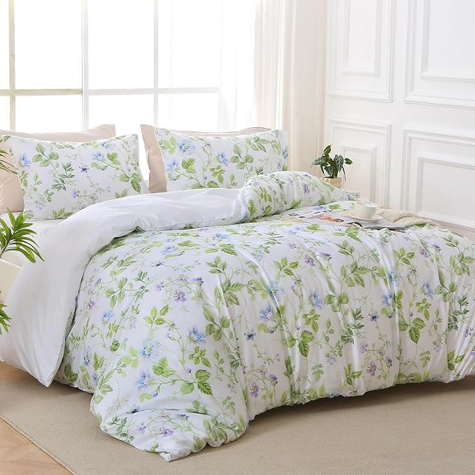 MUXHOMO Duvet Cover King Size, Reversible Floral Vintage Duvet Cover Set with Zipper Closure, 3 Pieces Botanical Patterns Soft Microfiber Bedding Set (90"x104", 2 Pillow Cases 20"×36", Green Branch)