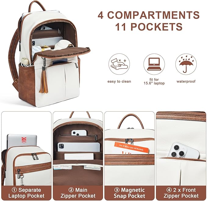 Leather Laptop Backpack for Women, 15.6" Causal Daypack Backpacks Purse Computer Backpack with Laptop Compartment for Travel Work College Business, Beige Brown