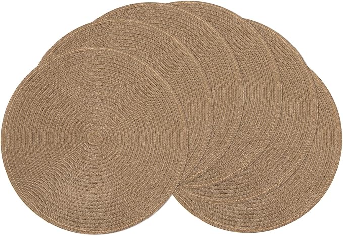 SHACOS Round Braided Placemats Set of 6 Washable Cotton Polyester 15 inch Round Table Place Mat for Dining Table (Brown, 6)
