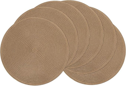 SHACOS Round Braided Placemats Set of 6 Washable Cotton Polyester 15 inch Round Table Place Mat for Dining Table (Brown, 6)