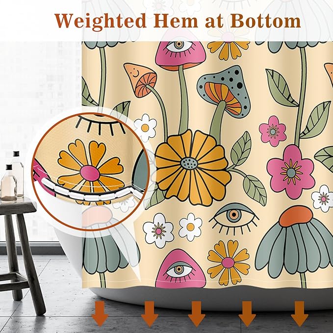 Aimego Boho Mushroom Shower Curtain - 60s 70s Retro Bohemian Flowers Eyes Floral Fabric Cloth Bath Shower Curtain Set with 12 Hooks for Bathroom Decor Accessories, 72"x72"
