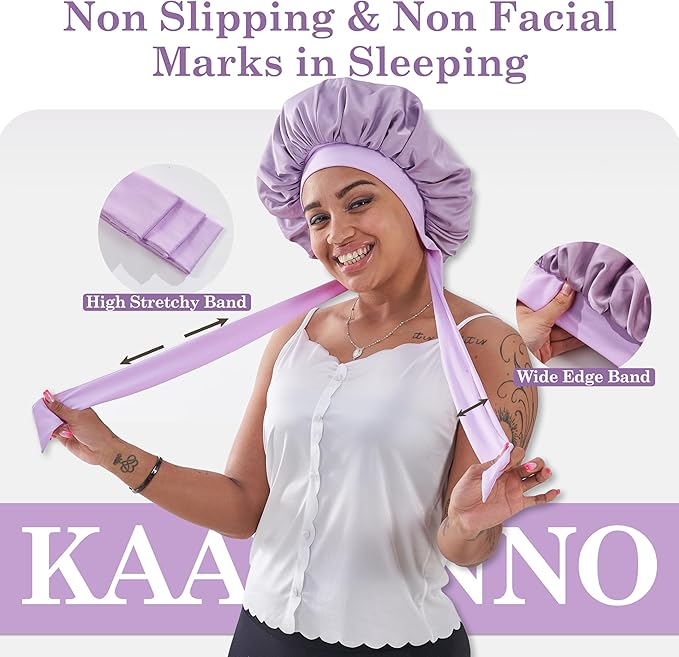 Silk Satin Bonnet Hair Wrap for Sleeping Women, Adjustable Tie Band Double Layer Sleep Night Head Cover for Curly Braid Fine