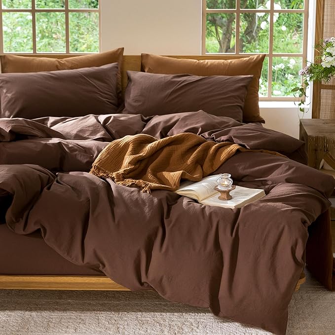 MooMee Bedding Duvet Cover Set 100% Washed Cotton Linen Like Textured Breathable Durable Soft Comfy (Solid Cocoa Brown, Queen 90"x90")