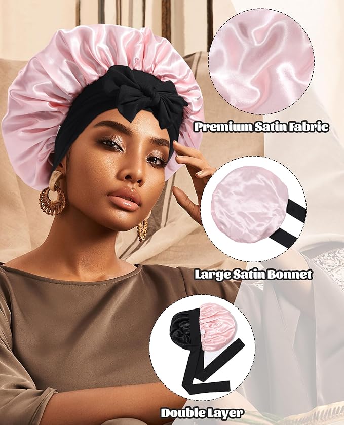 Satin Bonnet Silk Bonnet for Sleeping Silk Sleep Cap Double Layer Hair Bonnet with Elastic Tie Band for Curly Hair Night Cap (Black + Peach Pink)
