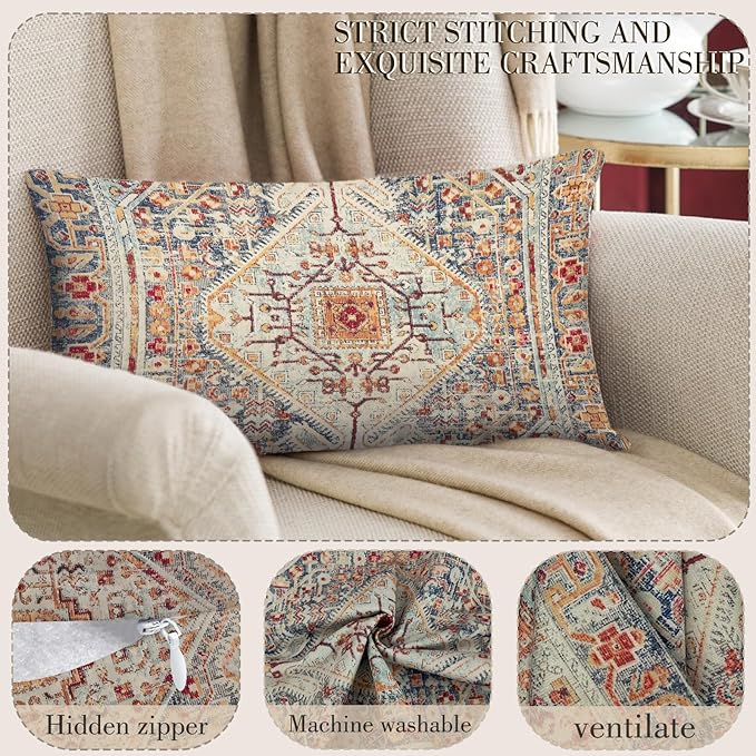 Boho Throw Pillow Covers 12x20 inch Set of 2,Boho Vintage Carpet Pattern Antique Ethnic Decor Double Sided Pattern Cushion Cover Soft Pillow Case Living Sofa Room Bed Square Pillow Cover