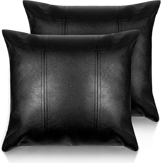 Faux Leather Throw Pillow Cover 16X16 Inch Set of 2 Black Outdoor Modern Farmhouse Solid Decorative Pillow Covers for Room Couch Living Bedroom Bed Sofa