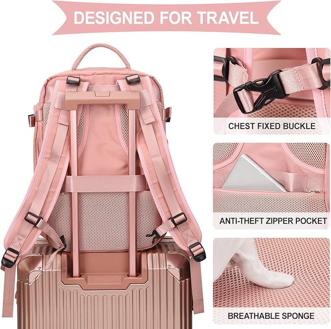 coowoz Large Travel Backpack For Women Men,Carry On Backpack,Hiking Backpack Waterproof Outdoor Sports Rucksack Casual Daypack Travel Essentials Pink