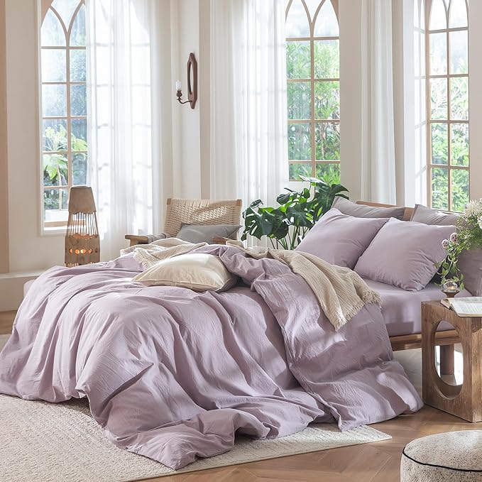 MooMee Bedding Duvet Cover Set 100% Washed Cotton Linen Like Textured Breathable Durable Soft Comfy (Heathered Light Purple, Palatial King/Oversized King 120"x98")