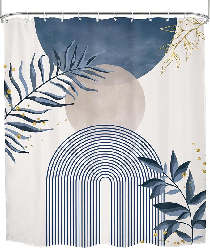 Blue Gray Boho Shower Curtain Dusty Blue Gold Leaves Modern Bohemian Abstract Mid Century Minimalist Grey Plant Bathroom Decor Geometric Arch 60Wx72H Bath Curtain Fabric Polyester 12 Pack Hooks