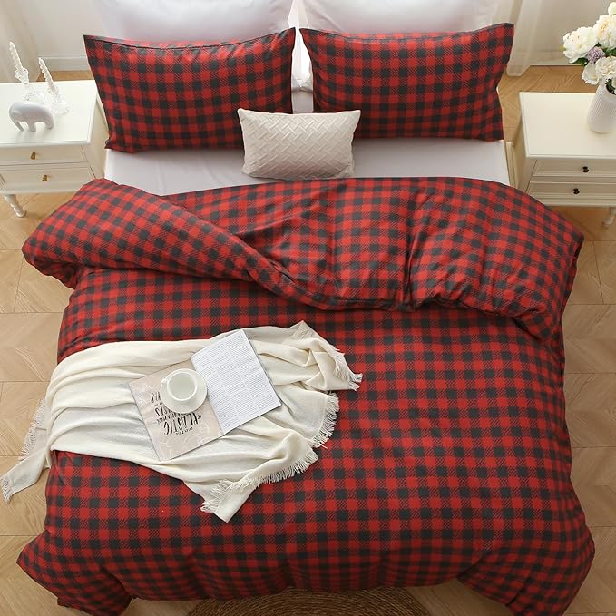 MUXHOMO Duvet Cover Queen Size Floral Duvet Cover Set with Zipper Closure, Red Plaid Bedding Set, 3 Pieces, 1 Duvet Cover 90"x90" with 4 Corner Ties and 2 Pillowcases 20"x30"