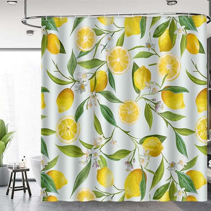 Aimego Lemon Fruit Shower Curtain - Yellow Lemon Green Leaves Plant Floral Modern Nature Fabric Cloth Bath Shower Curtain Set with 12 Hooks for Bathroom Decor Accessories, 72"x72"