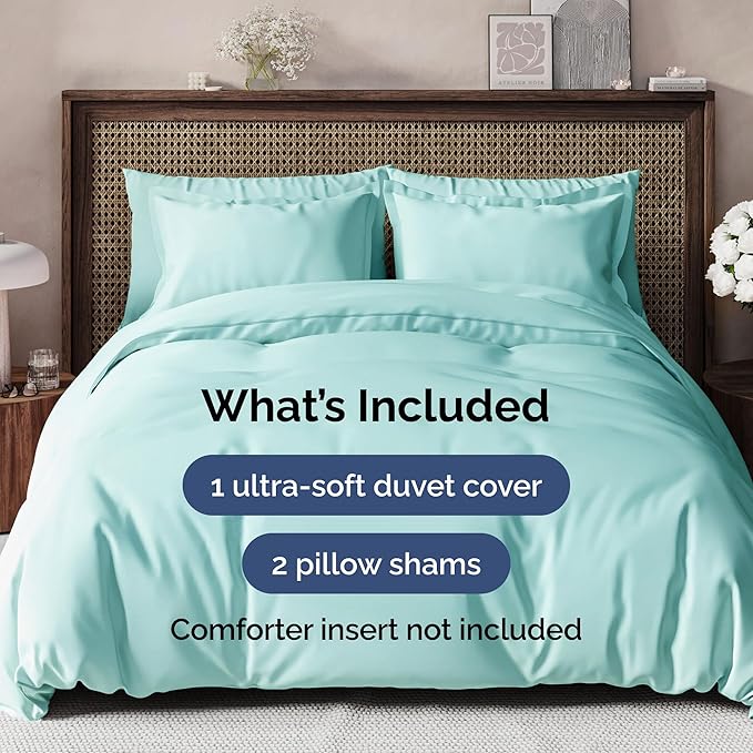 Duvet Cover Full Size Set - Extra Soft Full Size Duvet Cover 80 x 90 with 2 Pillow Shams - Hotel Luxury Easy Care and Fade Free with Zipper Closures & Ties - Comfy Breathable Bedding Set (Spa Blue)