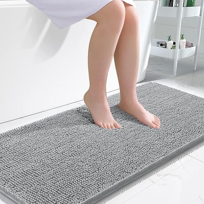 OLANLY Bathroom Rugs 47x24, Extra Soft Absorbent Chenille Bath Rugs, Rubber Backing Quick Dry, Machine Washable Bath Mats for Bathroom Floor, Tub and Shower, Home Decor Accessories, Light Grey