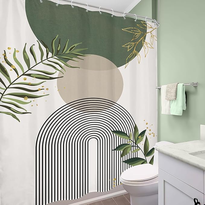 Green Boho Shower Curtain 72Wx96H Extra Long Mid Century Modern Abstract Green Gold Minimalist Leaves Sun Arch Bathroom Decor Geometric Plant Bath Curtain Fabric Polyester 12 Pack Hooks