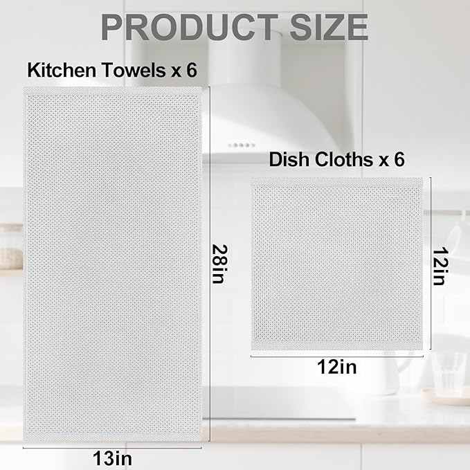 Homaxy 100% Cotton Kitchen Towels and Dishcloths Set, 12 x 12 Inches and 13 x 28 Inches, Set of 12 Bulk Kitchen Towels Set, Ultra Soft Absorbent Dish Cloths for Washing Dishes, Light Gray