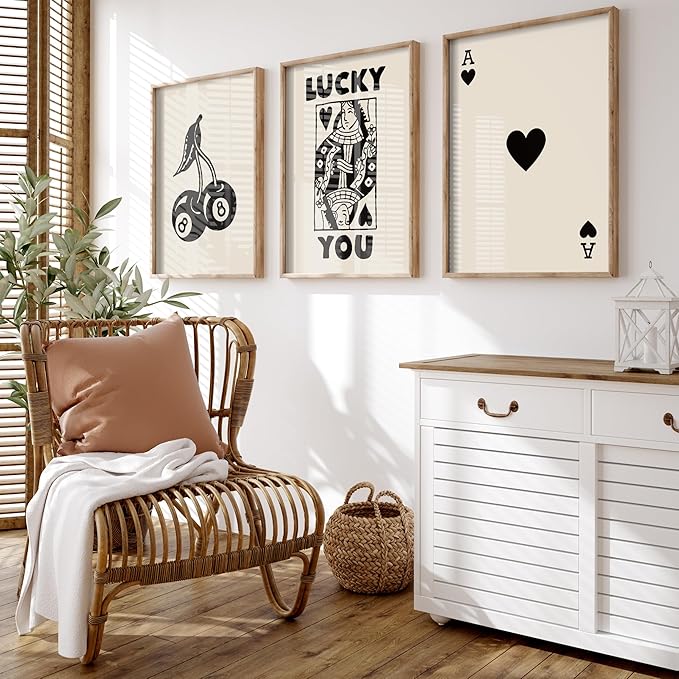 Heiple Framed Set of 3 Poker Wall Art Lucky You Poster, Trendy Retro Print Wall Decor for Queen of Hearts Wall Art Rustic Vintage Farmhouse Home Wall Decor（Brown 12"x16"）