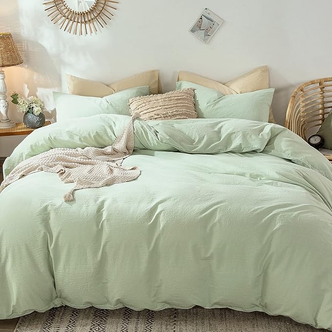 MooMee Bedding Duvet Cover Set 100% Washed Cotton Linen Like Textured Breathable Durable Soft Comfy (Heathered Seaglass Green, Full 80"x90")